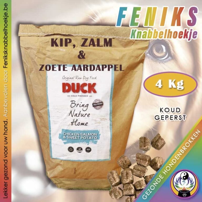 Koud geperst hondenvoer,4 kg. Vers vlees in hondenbrokken met kip, zalm en zoete aardappel rijk in glucomasine en chondroïtine