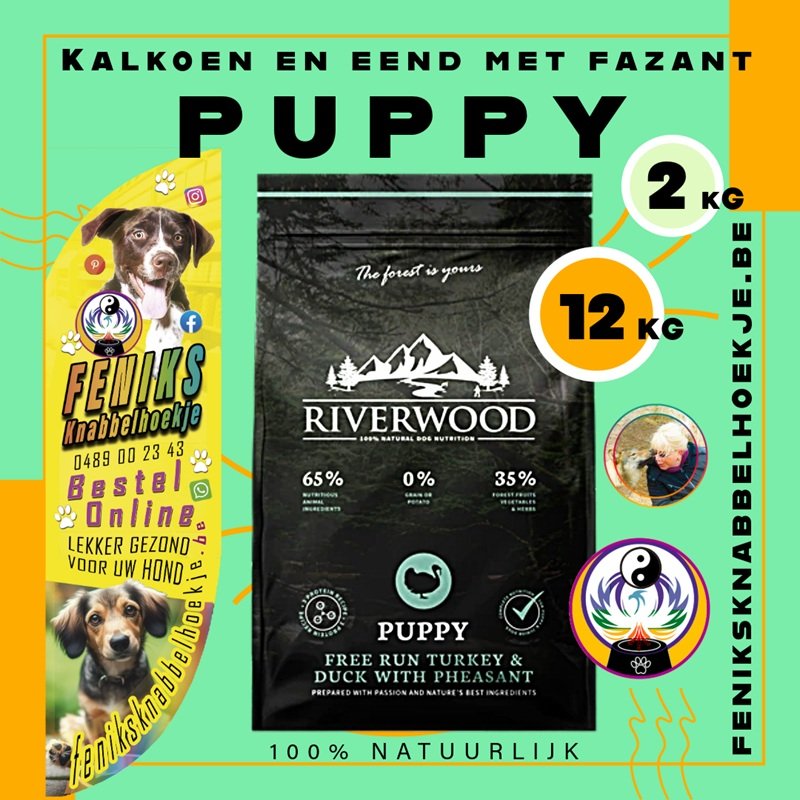 Kalkoen-en-eend-met-fazant-Riverwood-Puppy-RW-001-2-hypoallergene-hondenvoeding-droogvoer-natuurlijke-hondenbrokken - riverwood verkooppunt