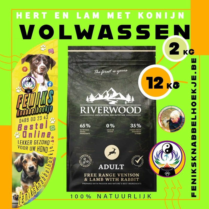 Riverwood hondenvoer - 2kg gezonde en hypoallergene hondenbrokken van Hert, lam en konijn.