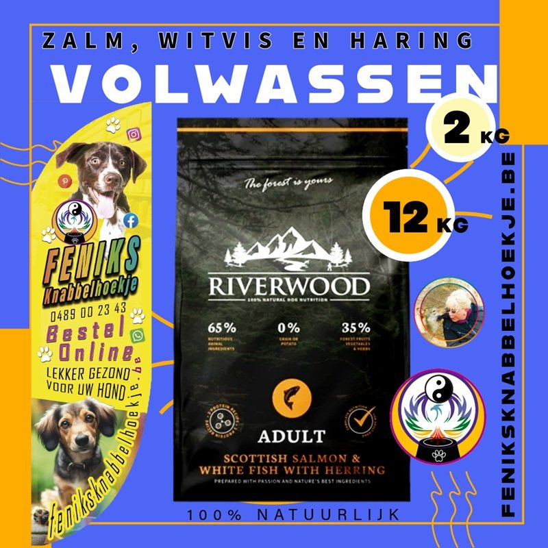 Riverwood Zalm, witvis en haring -natuurlijk-hondenvoer-2kg-12kg- Riverwood verkoopppunt